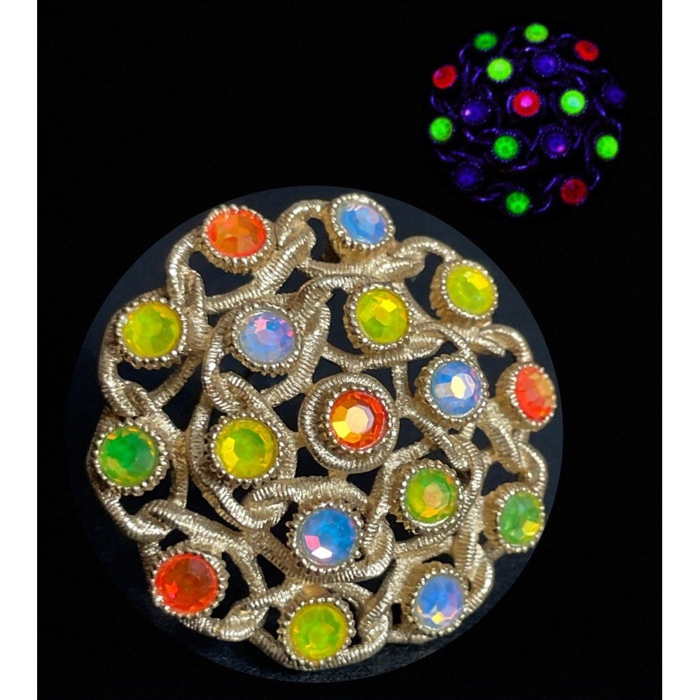 Vintage Sarah Coventry Brooch Moon Lites Rhinestone Gold Tone Pin "GLOW" Jewelry